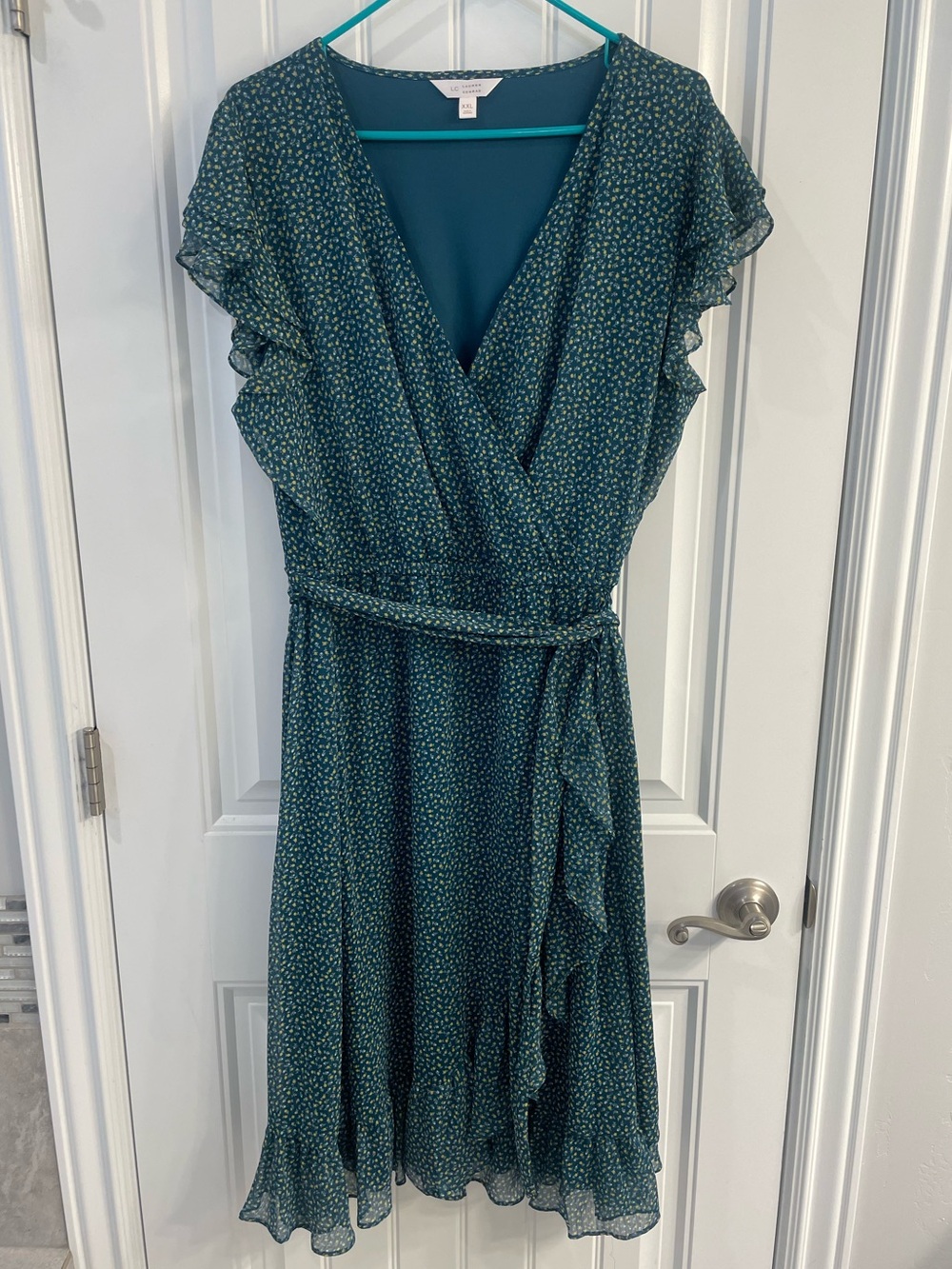 Lauren Conrad deep green wrap look dress
